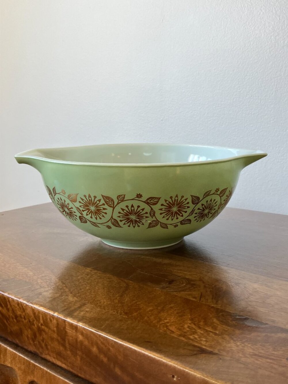 Vintage Pyrex Cinderella Serving Bowl #443 Sage Green Gold Medallions "Flaws"